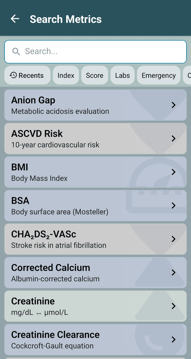 ClinicMetrics — calculator list